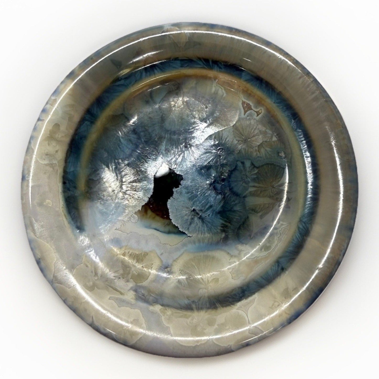 Bill Campbell Pottery Porcelain Plate 5.5” Crystalline Glaze Blue Cream Signed - thriftgoblin