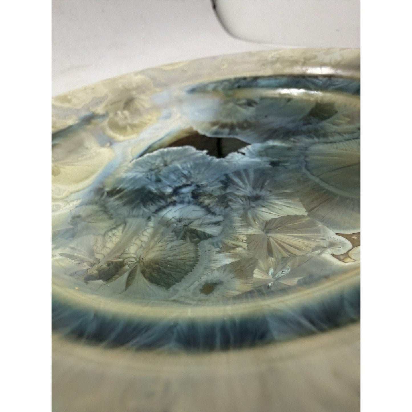 Bill Campbell Pottery Porcelain Plate 5.5” Crystalline Glaze Blue Cream Signed - thriftgoblin