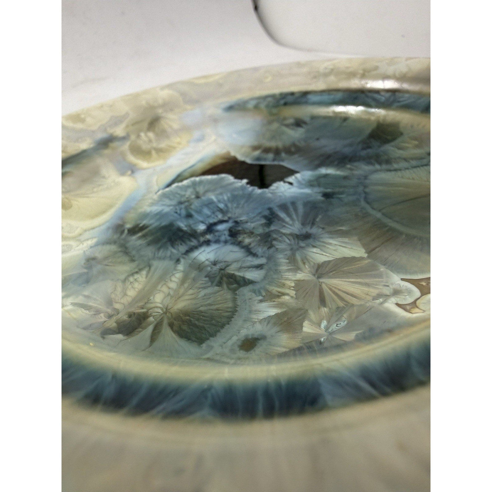 Bill Campbell Pottery Porcelain Plate 5.5” Crystalline Glaze Blue Cream Signed - thriftgoblin