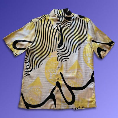 Brandini 100% Pure Silk Yellow Pearl Buttons Down Shirt Abstract Short Sleeve - thriftgoblin