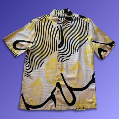 Brandini 100% Pure Silk Yellow Pearl Buttons Down Shirt Abstract Short Sleeve - thriftgoblin