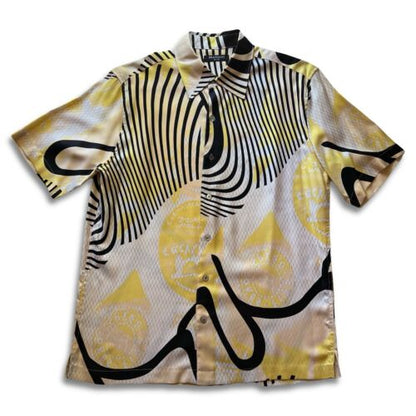 Brandini 100% Pure Silk Yellow Pearl Buttons Down Shirt Abstract Short Sleeve - thriftgoblin