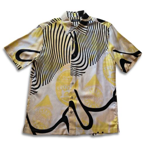 Brandini 100% Pure Silk Yellow Pearl Buttons Down Shirt Abstract Short Sleeve - thriftgoblin