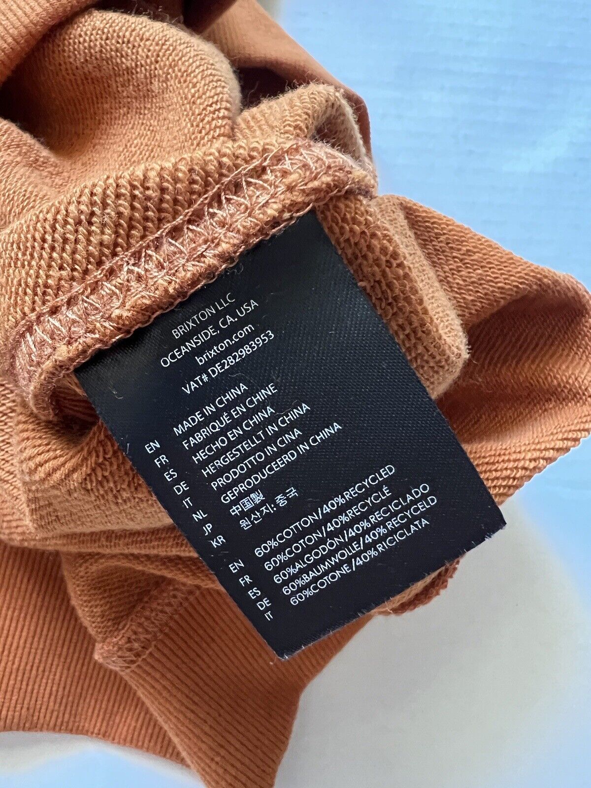 Brixton Sweatshirt Men L Orange Pullover Long Sleeve Round Neck Recycled Cotton - thriftgoblin