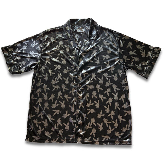 Bunny PLAYBOY Button Down Sleep Wear Men's Black Silver Shirt Large Sheer Adult - thriftgoblin