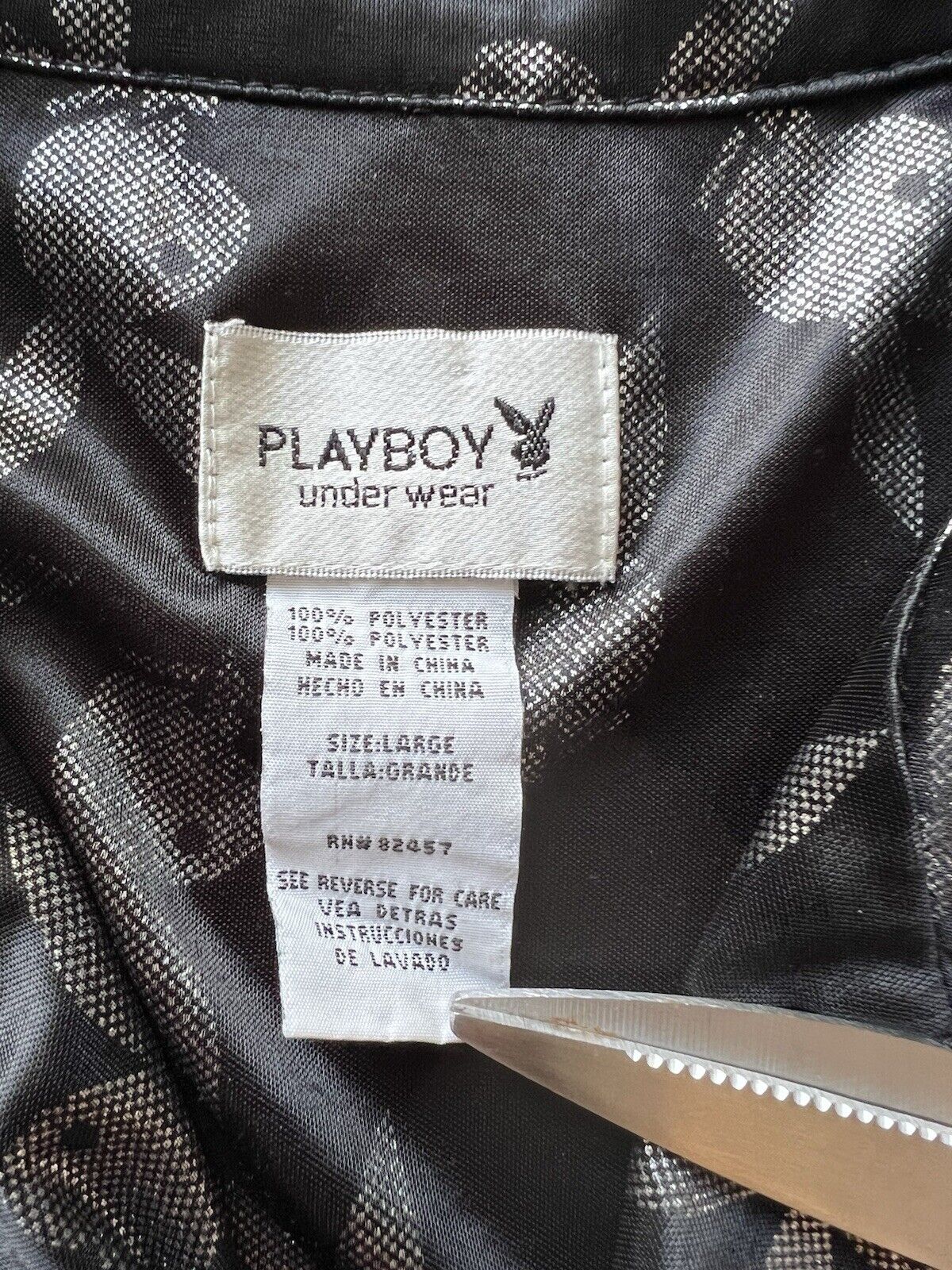 Bunny PLAYBOY Button Down Sleep Wear Men's Black Silver Shirt Large Sheer Adult - thriftgoblin
