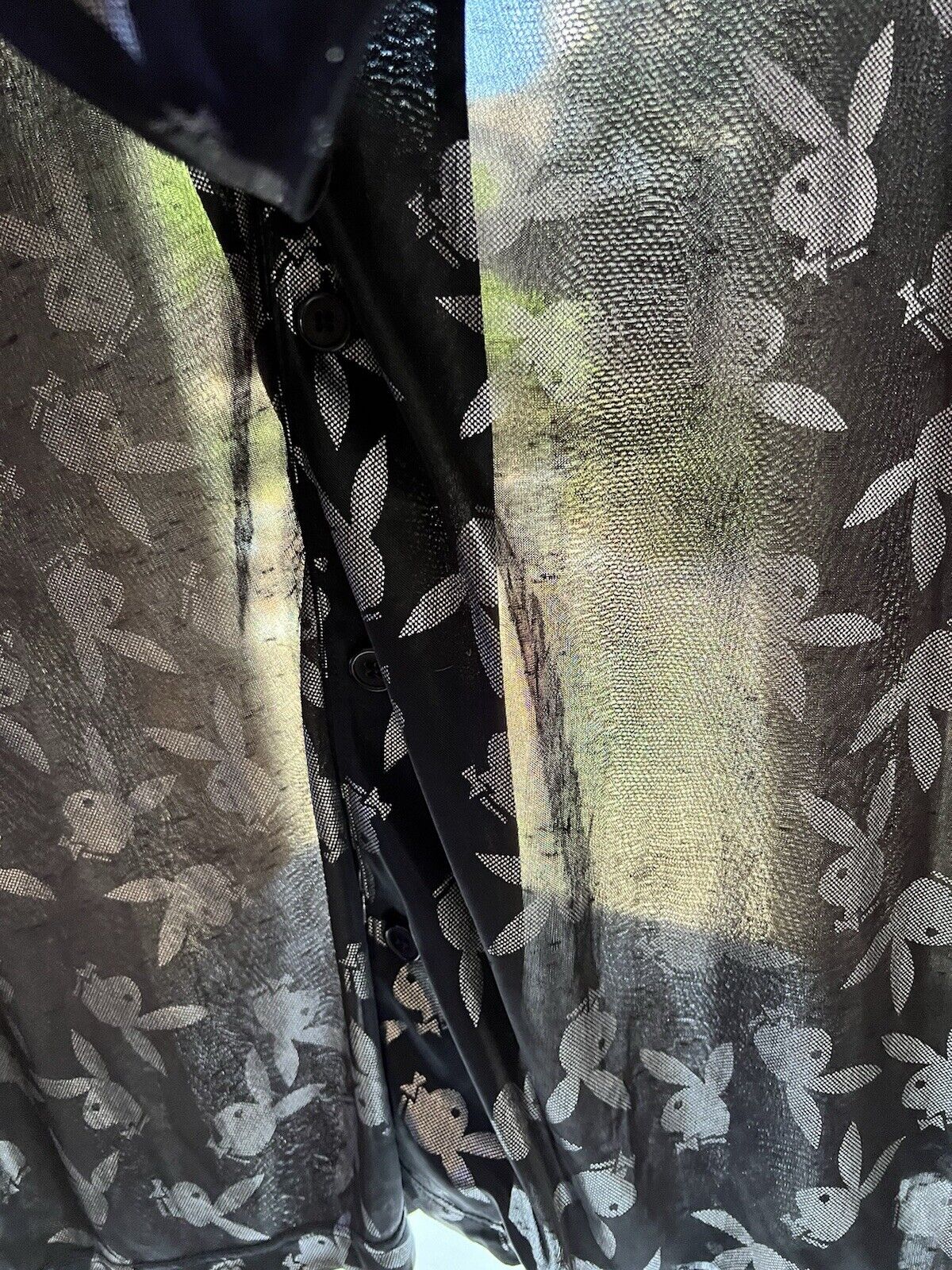 Bunny PLAYBOY Button Down Sleep Wear Men's Black Silver Shirt Large Sheer Adult - thriftgoblin