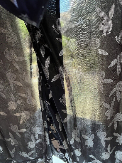 Bunny PLAYBOY Button Down Sleep Wear Men's Black Silver Shirt Large Sheer Adult - thriftgoblin