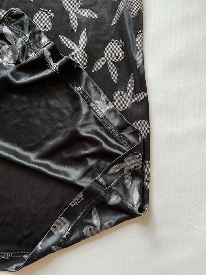 Bunny PLAYBOY Button Down Sleep Wear Men's Black Silver Shirt Large Sheer Adult - thriftgoblin