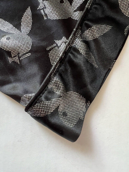 Bunny PLAYBOY Button Down Sleep Wear Men's Black Silver Shirt Large Sheer Adult - thriftgoblin