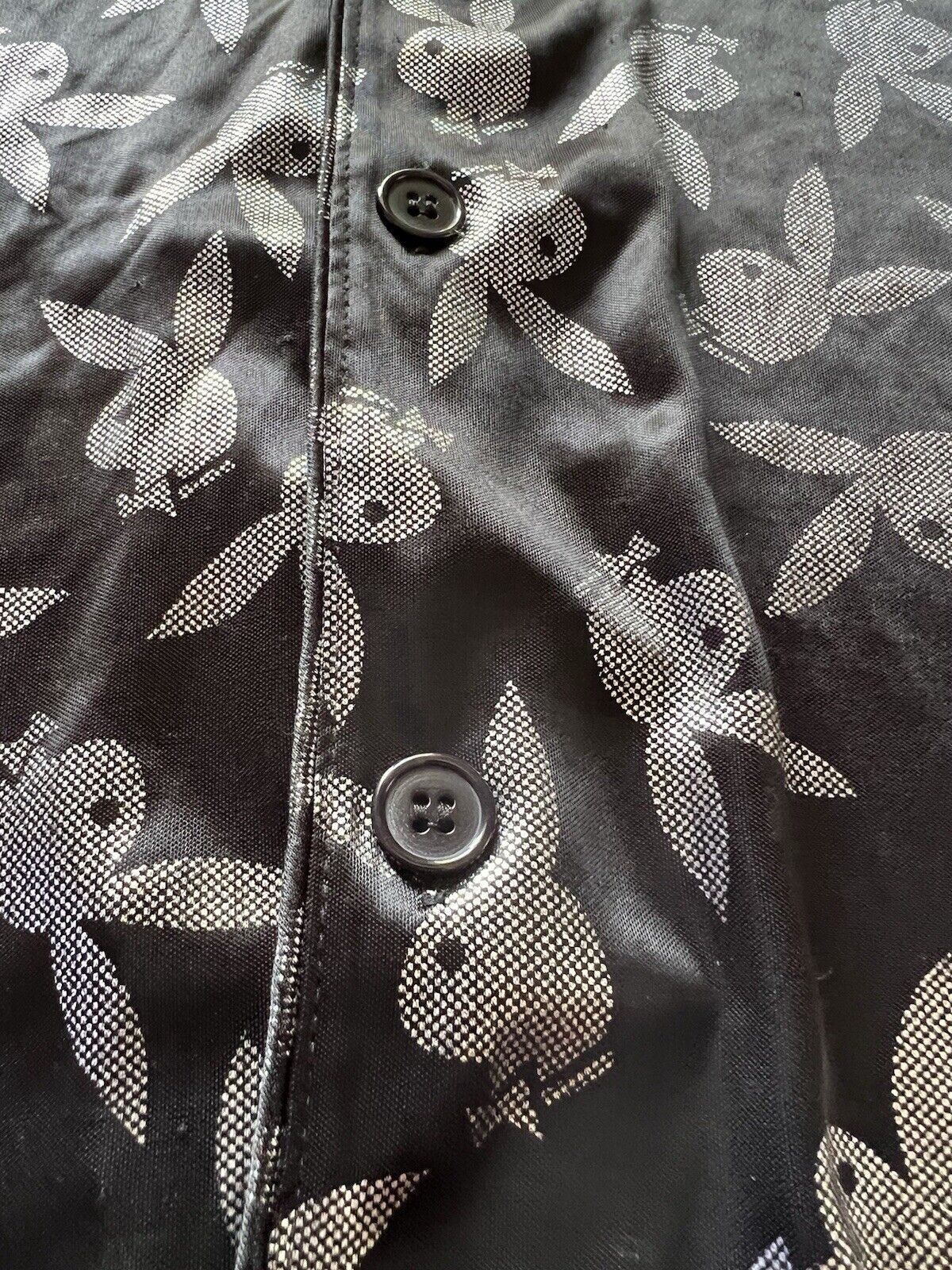 Bunny PLAYBOY Button Down Sleep Wear Men's Black Silver Shirt Large Sheer Adult - thriftgoblin