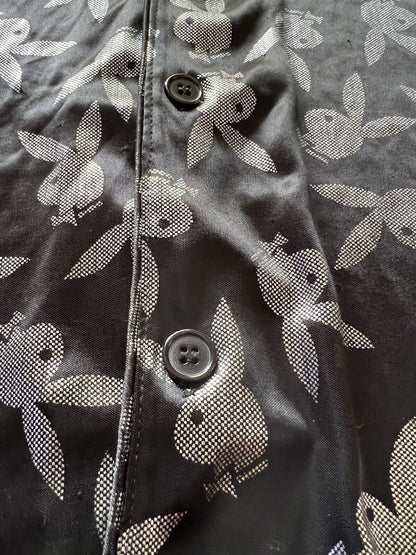 Bunny PLAYBOY Button Down Sleep Wear Men's Black Silver Shirt Large Sheer Adult - thriftgoblin