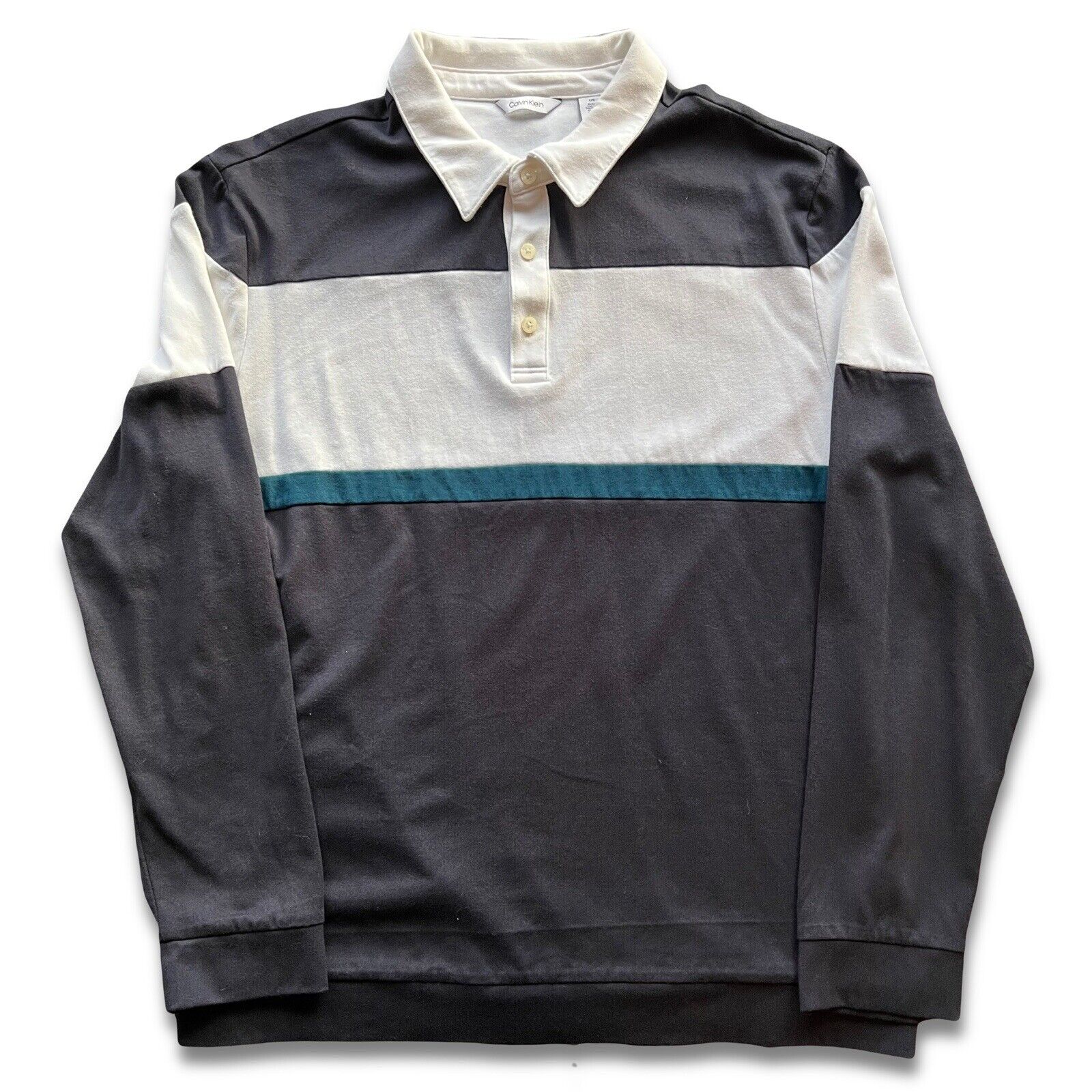 Calvin Klein Polo Shirt Mens Large Blue Retro Style Long Sleeve Collared - thriftgoblin