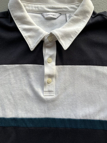 Calvin Klein Polo Shirt Mens Large Blue Retro Style Long Sleeve Collared - thriftgoblin