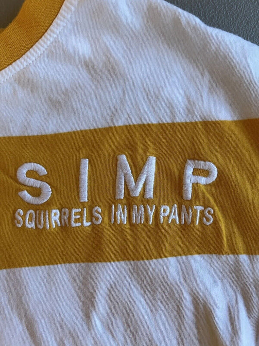 Club PewDiePie SIMP Shirt Small Yellow White Striped Youtube Merch Squirrels - thriftgoblin