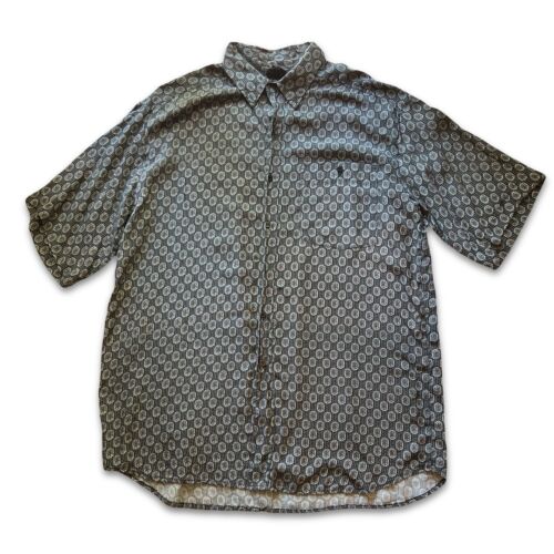 Colore Italia Mens Shirt Silk Short Sleeve Black Tan Geometric Button Up Size L - thriftgoblin