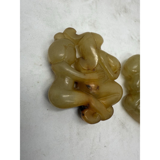 Vintage Chinese Erotic Jade Figurines – Couple Sculpture Pair – Tan/Green Stone