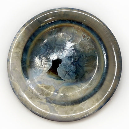 Bill Campbell Pottery Porcelain Plate 5.5” Crystalline Glaze Blue Cream Signed