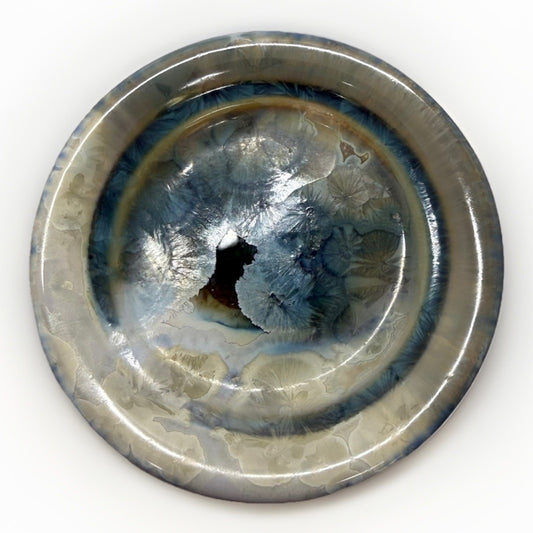 Bill Campbell Pottery Porcelain Plate 5.5” Crystalline Glaze Blue Cream Signed