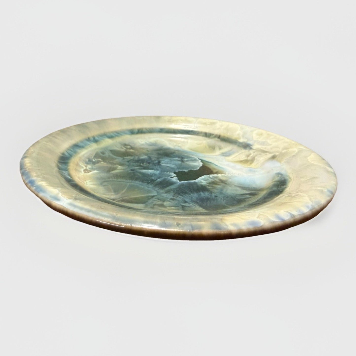 Bill Campbell Pottery Porcelain Plate 5.5” Crystalline Glaze Blue Cream Signed