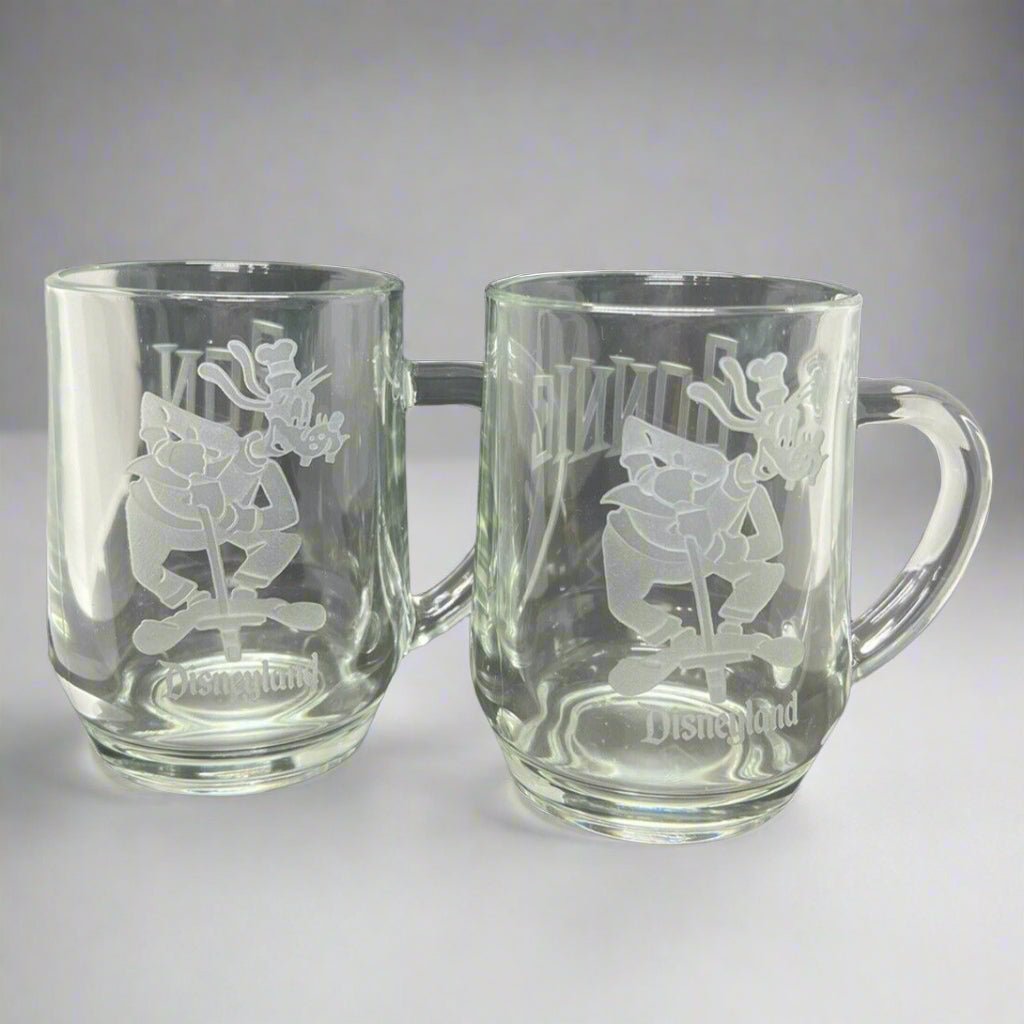 Disneyland Disney’s GOOFY POGO Clear Etched Glass Mug Coffee “RON” “BONNIE" - thriftgoblin