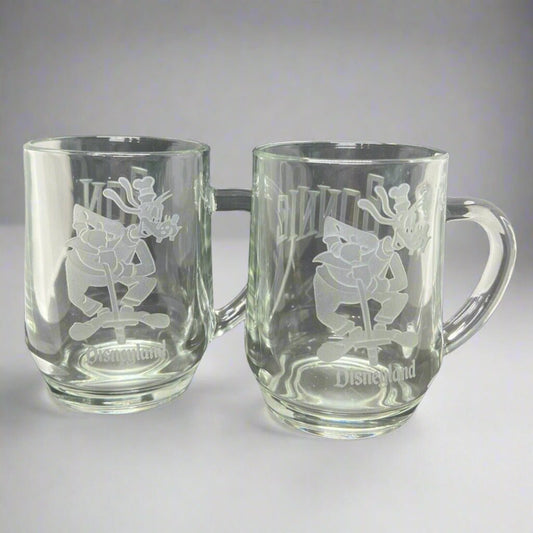 Disneyland Disney’s GOOFY POGO Clear Etched Glass Mug Coffee “RON” “BONNIE" - thriftgoblin