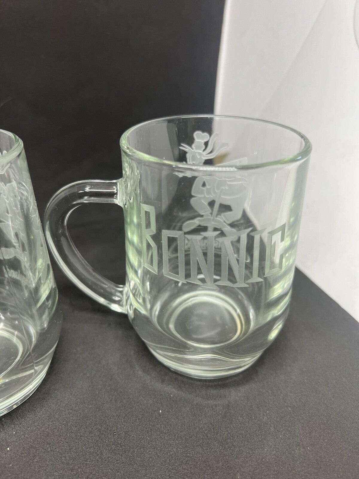 Disneyland Disney’s GOOFY POGO Clear Etched Glass Mug Coffee “RON” “BONNIE" - thriftgoblin