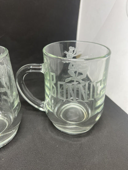 Disneyland Disney’s GOOFY POGO Clear Etched Glass Mug Coffee “RON” “BONNIE" - thriftgoblin