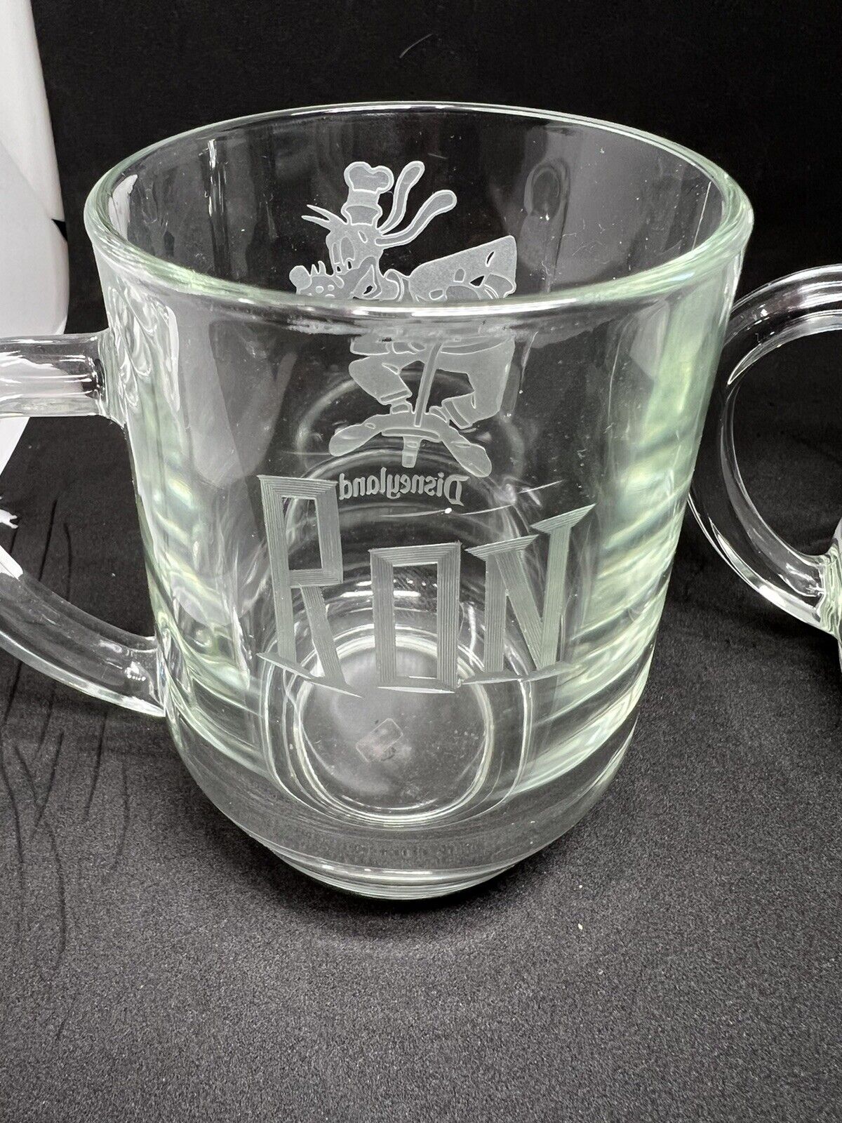 Disneyland Disney’s GOOFY POGO Clear Etched Glass Mug Coffee “RON” “BONNIE" - thriftgoblin
