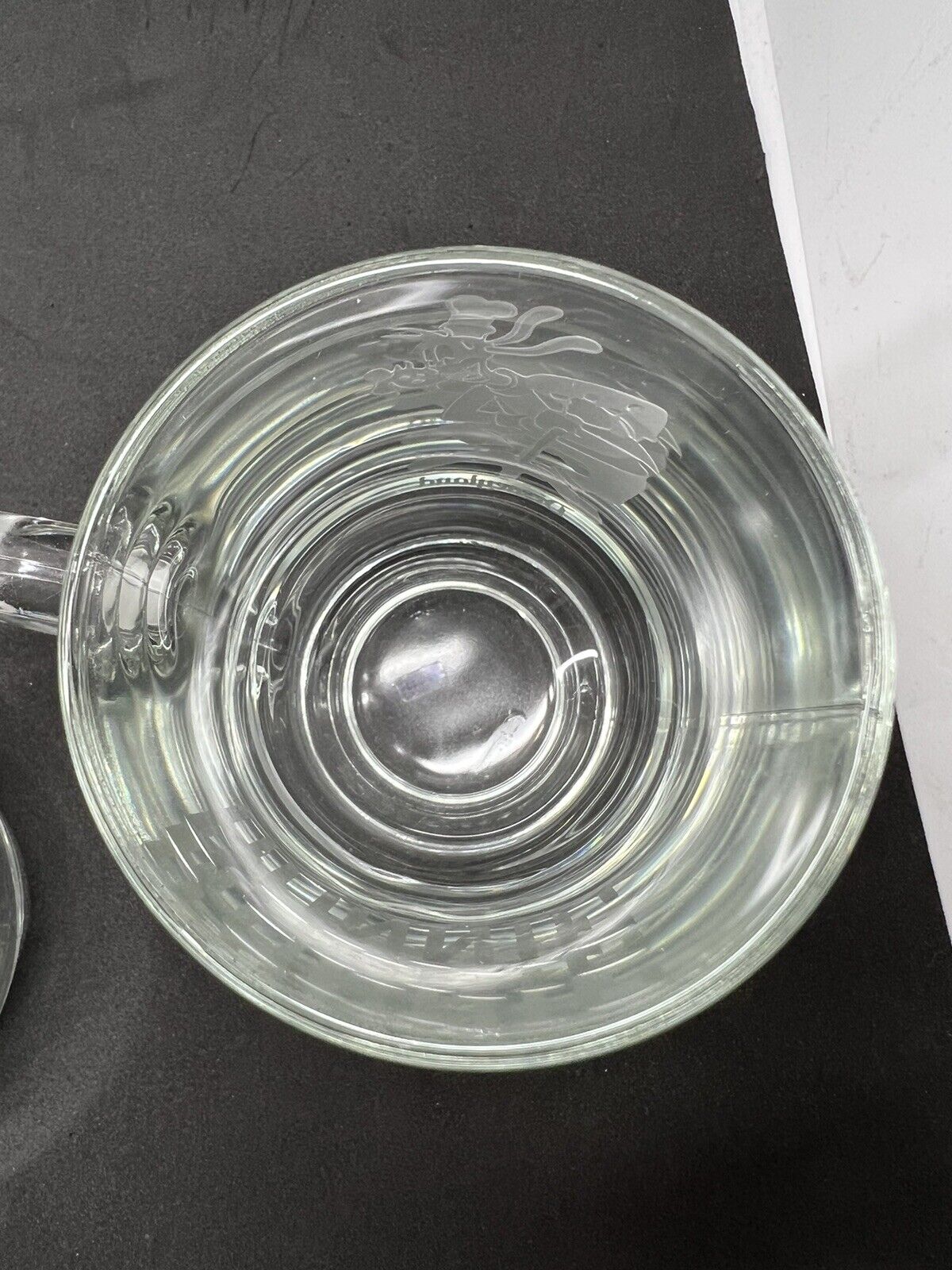 Disneyland Disney’s GOOFY POGO Clear Etched Glass Mug Coffee “RON” “BONNIE" - thriftgoblin