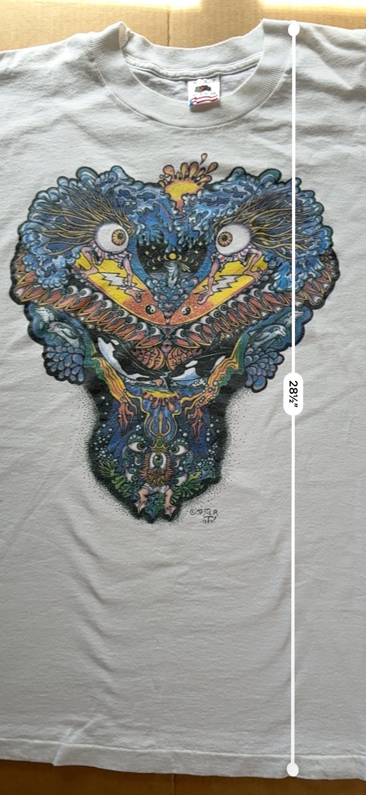 Vintage Psychedelic Jester Surf Eye Graphic Tee Fruit of the Loom XL White Single Stitch