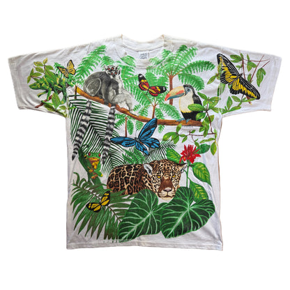 Vintage 1992 Wild Oats Rainforest All Over Print Tee XL White USA