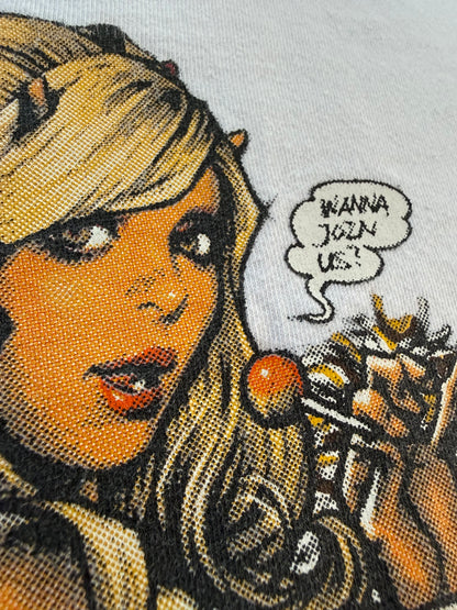 Erostika Devils Cheerleaders tee character speech bubble detail