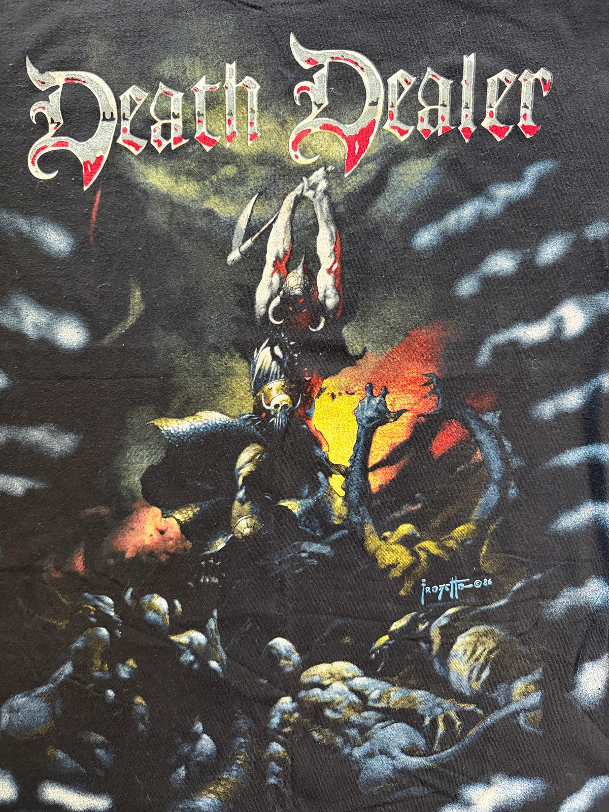 Vintage 1986 Frank Frazetta Death Dealer All Over Print Tee Wild Oats XL Black