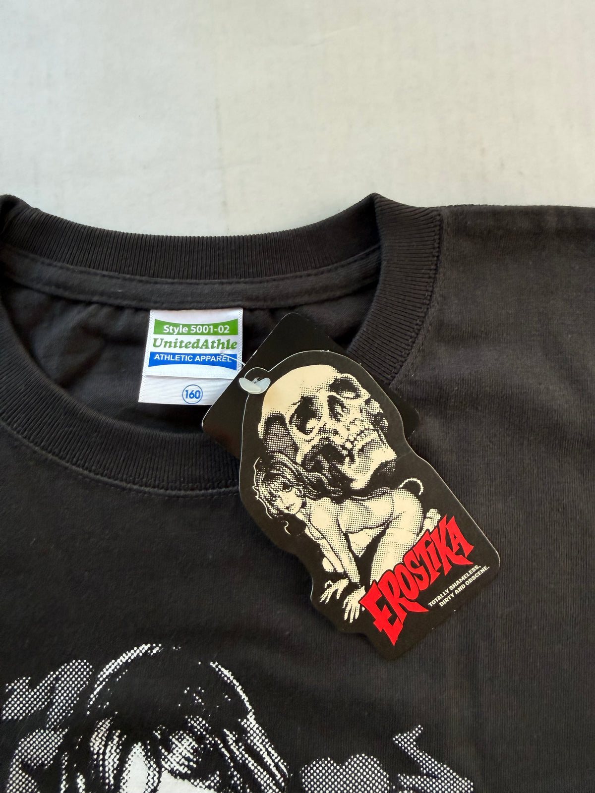 Human Centipede II tee neckline with Erostika hang tag