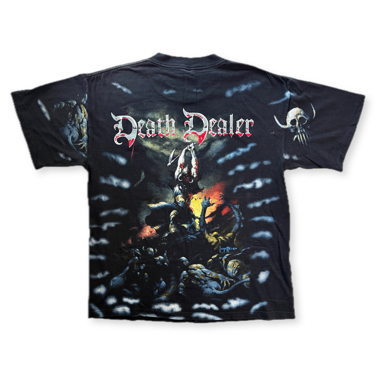 Vintage 1986 Frank Frazetta Death Dealer All Over Print Tee Wild Oats XL Black