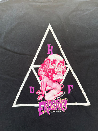 HUF x Erostika triple triangle tee, back graphic with Rockin Jelly Bean pin-up and skull