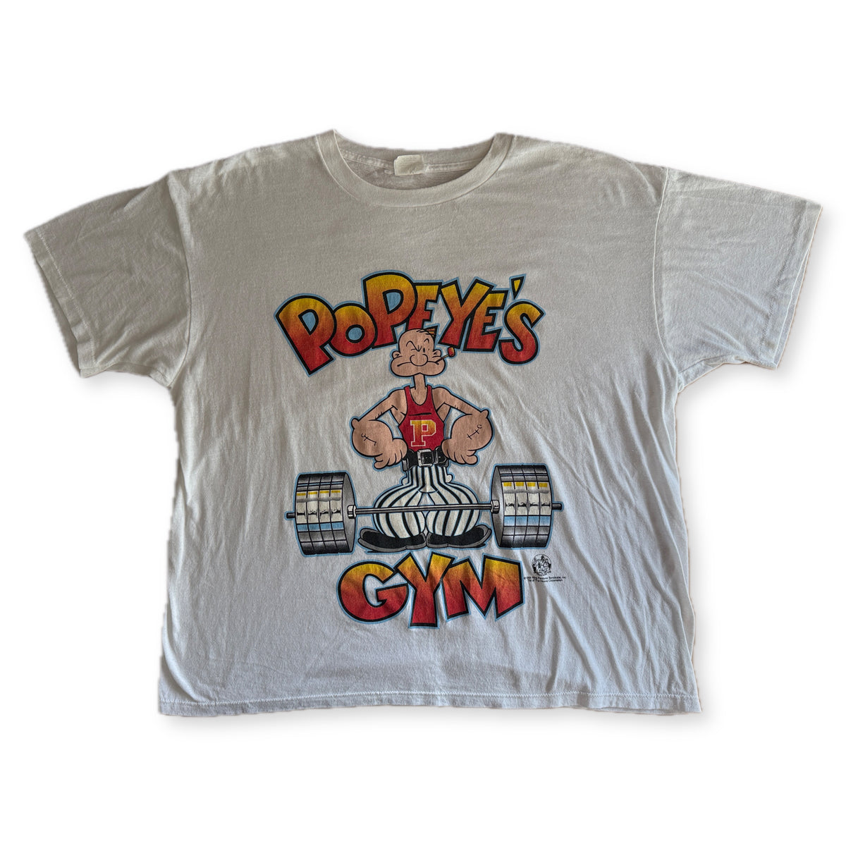 Vintage 1994 Popeye's Gym Weightlifting Graphic Tee White