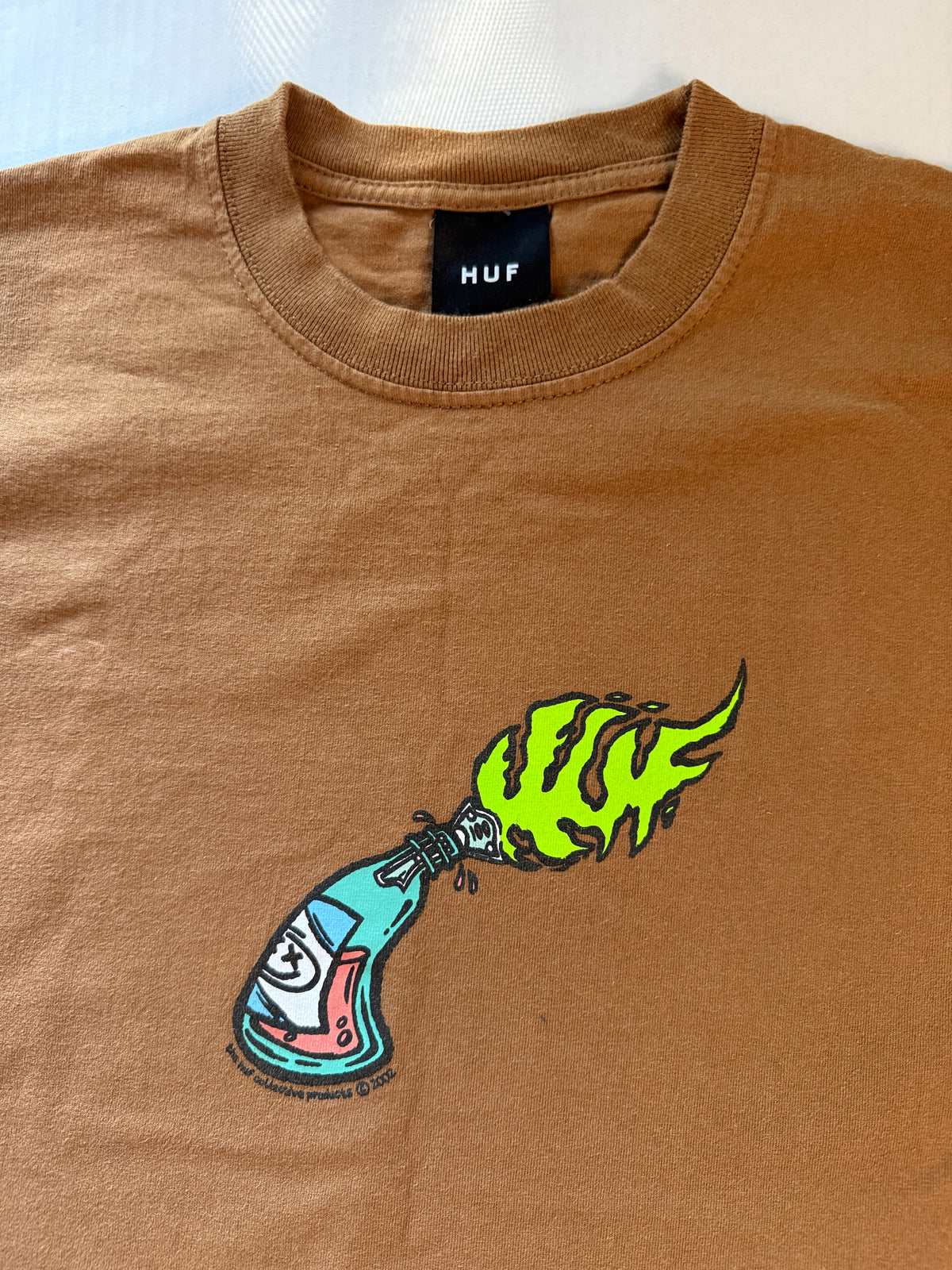 HUF Y2K Skater Graffiti Molotov Logo Tee 2002 Tan L