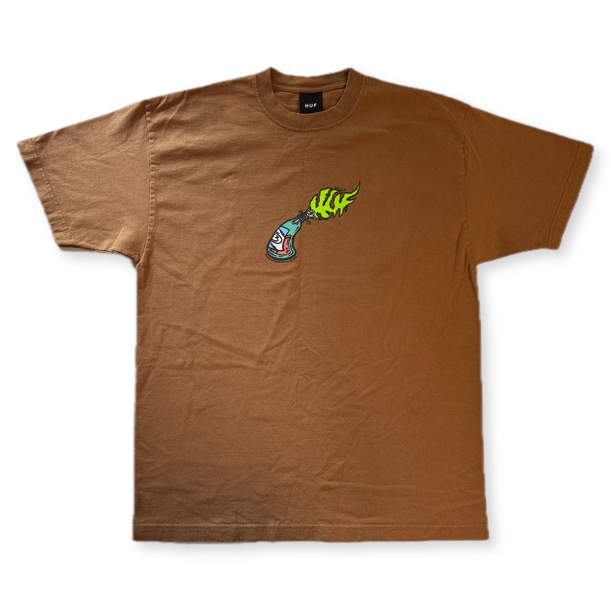 HUF Y2K Skater Graffiti Molotov Logo Tee 2002 Tan L