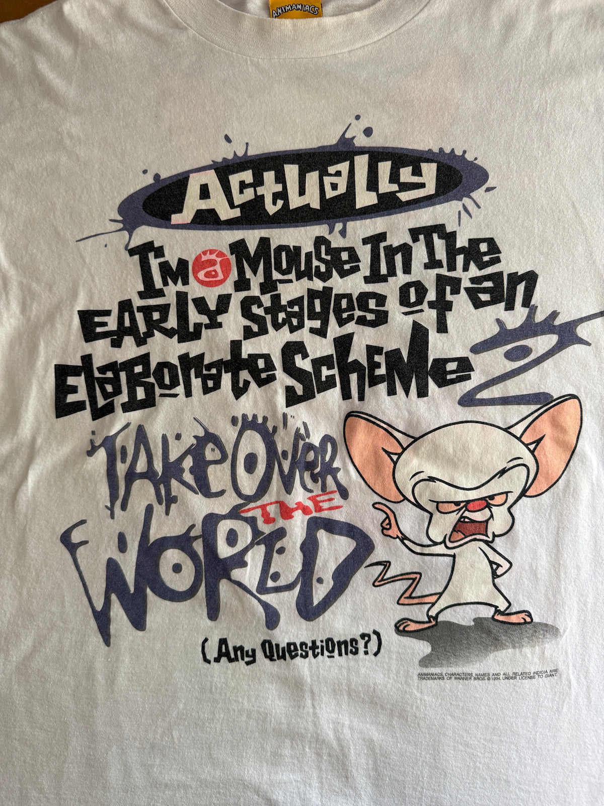 Vintage 1994 Animaniacs Brain Take Over the World Double Sided Tee White