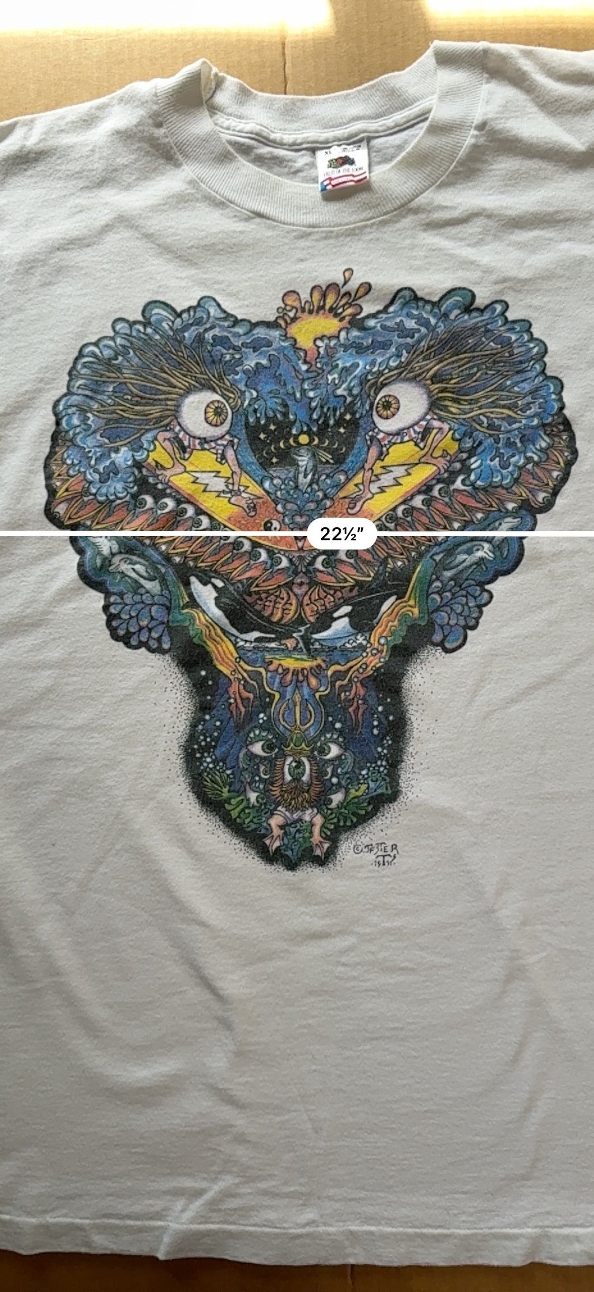 Vintage Psychedelic Jester Surf Eye Graphic Tee Fruit of the Loom XL White Single Stitch