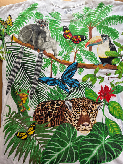 Vintage 1992 Wild Oats Rainforest All Over Print Tee XL White USA