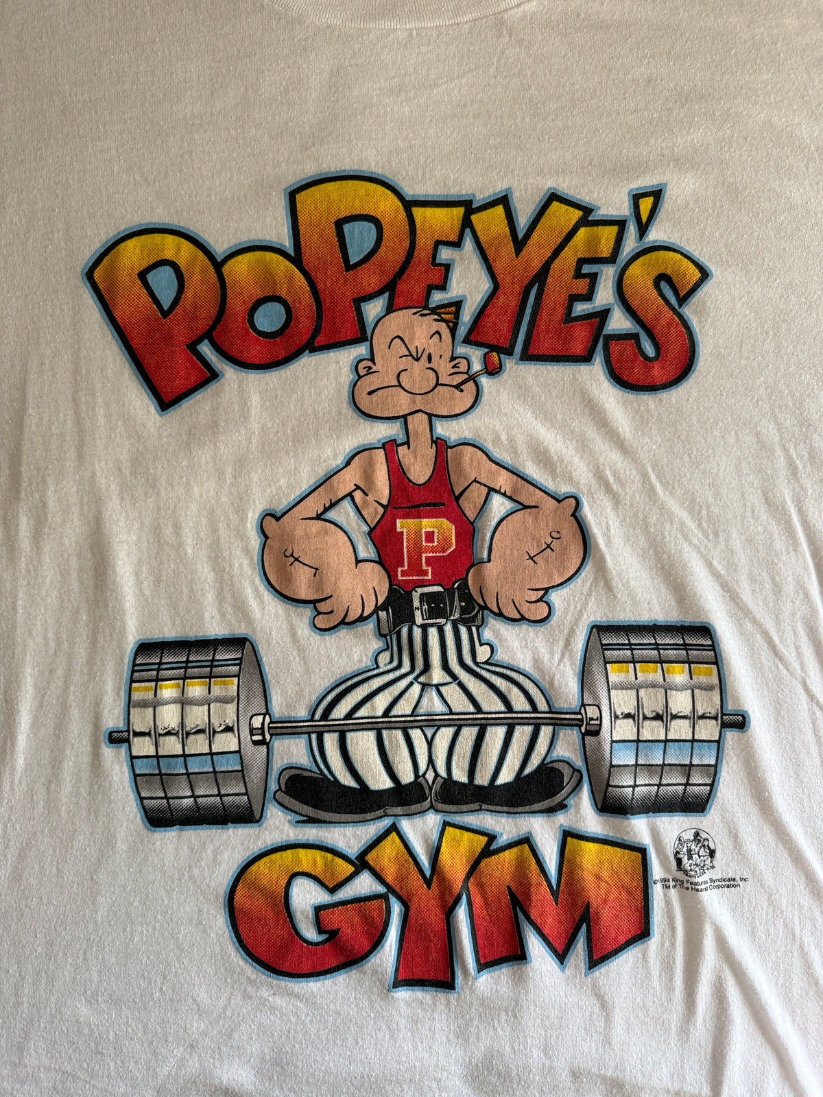 Vintage 1994 Popeye's Gym Weightlifting Graphic Tee White