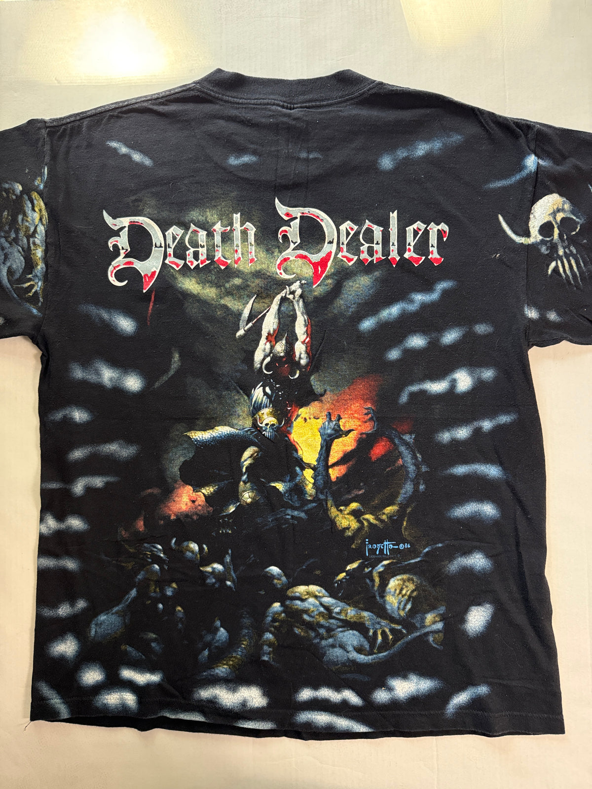 Vintage 1986 Frank Frazetta Death Dealer All Over Print Tee Wild Oats XL Black