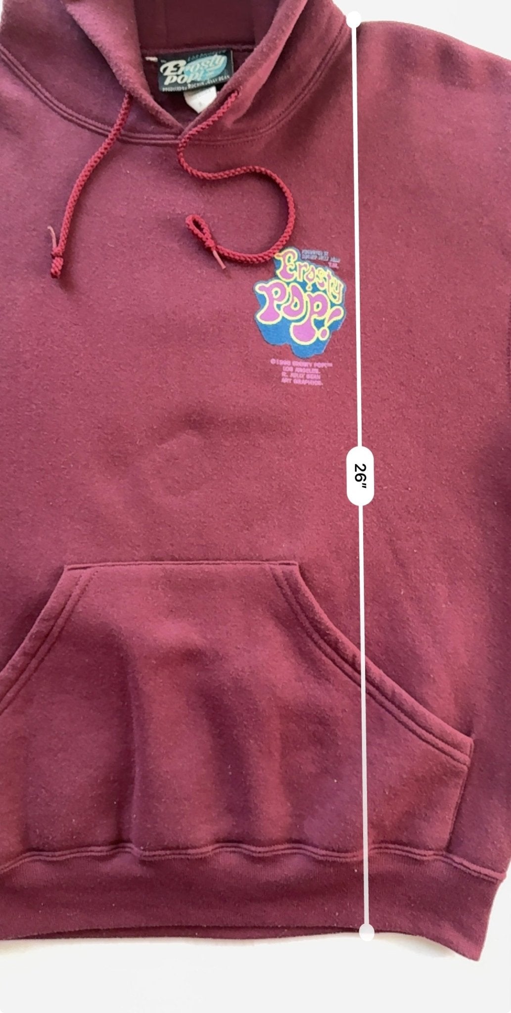 Erosty Pop 1998 Rockin Jelly Bean Pin-Up Back Print Pullover Hoodie Burgundy Size S USA - Thrift GoblinHoodie