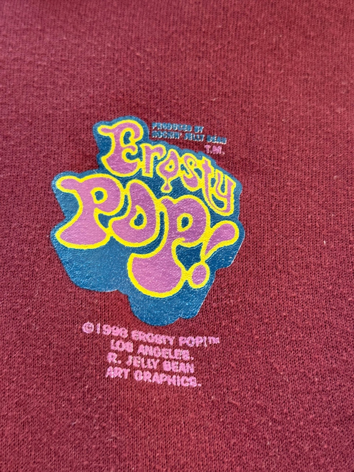 Erosty Pop 1998 Rockin Jelly Bean Pin-Up Back Print Pullover Hoodie Burgundy Size S USA - Thrift GoblinHoodie