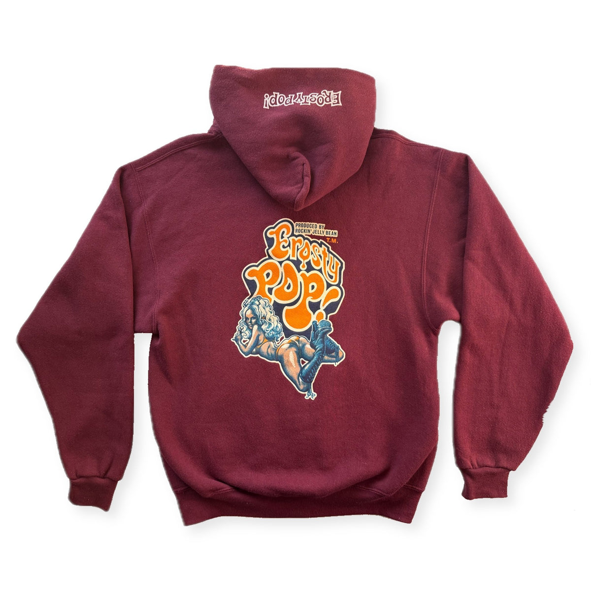 Erosty Pop 1998 Rockin Jelly Bean Pin-Up Back Print Pullover Hoodie Burgundy Size S USA - Thrift GoblinHoodie