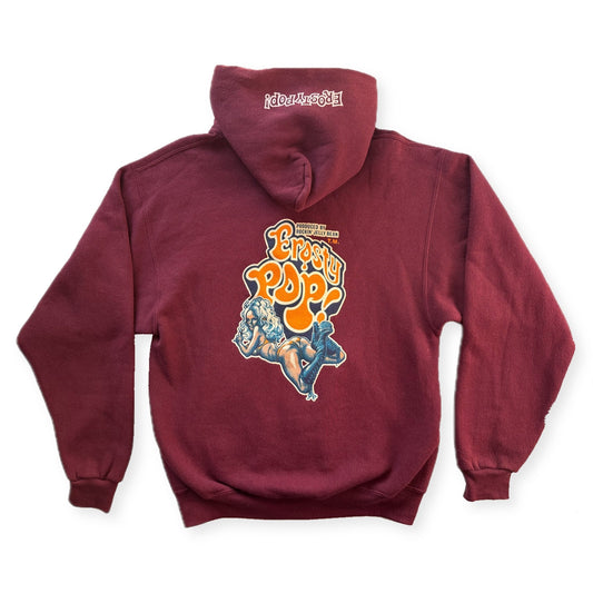 Erosty Pop 1998 Rockin Jelly Bean Pin-Up Back Print Pullover Hoodie Burgundy Size S USA - Thrift GoblinHoodie