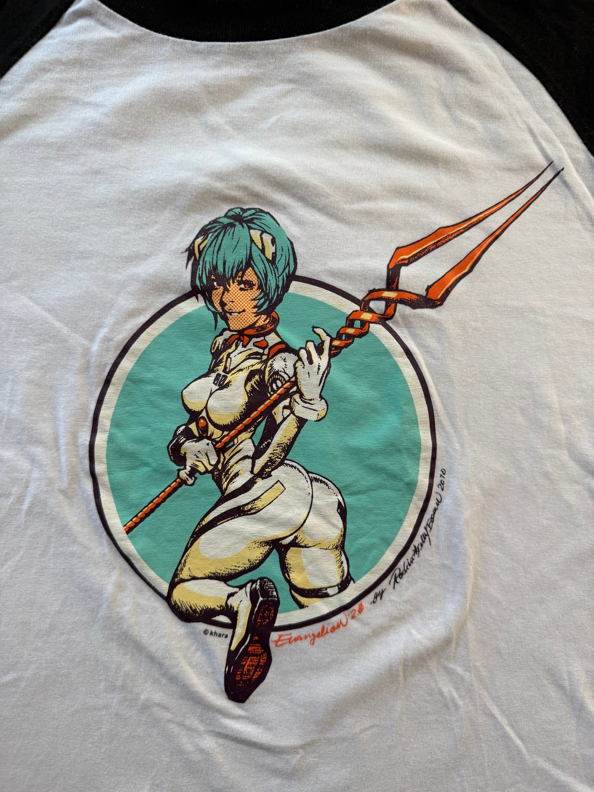 Evangelion 2.0 Rei Ayanami Rockin Jelly Bean Raglan T-Shirt 2010 White Black Size M - Thrift GoblinT-Shirt